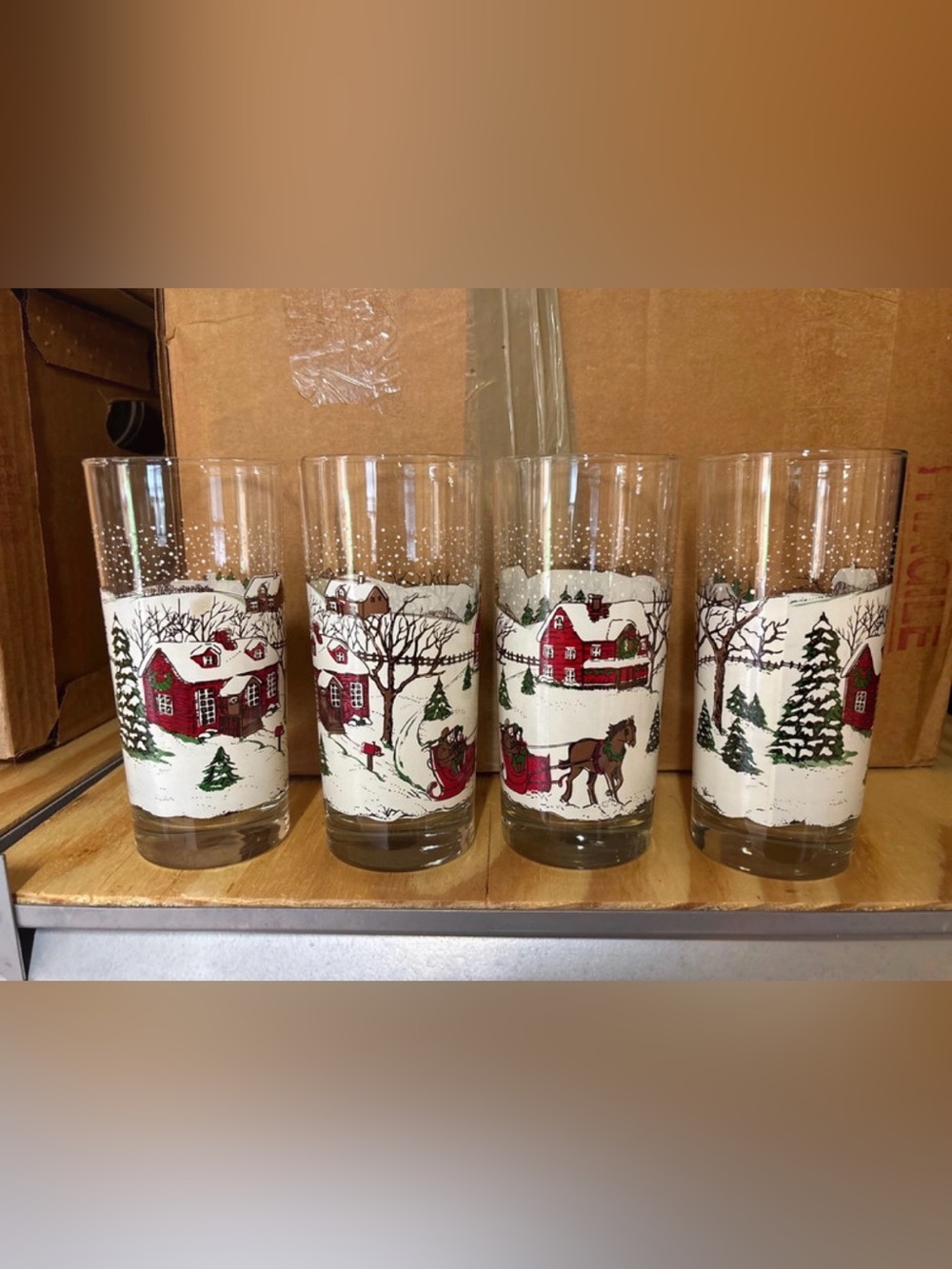 vintage Libbey "Winter Village" highball glasses from the 1980s or 1990s.